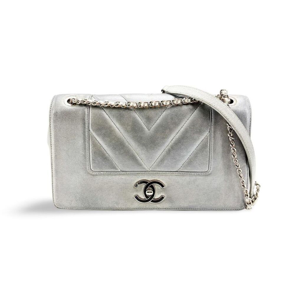 Chanel Mademoiselle Vintage Flap Clutch Chevron Sheepskin Silver Leather